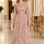 Metallic Floral Embroidered Long Sleeve Kaftan Maxi Dress with Belt