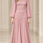 Elegant Mock Neck Lace Bodice Long Sleeve Chiffon Maxi Dress