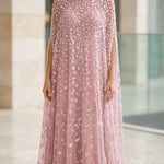 Sequined Beaded High-Neck Cape Evening Gown