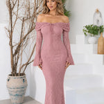 Off-the-Shoulder Floral Lace Mermaid Maxi Dress with Bell Sleeves