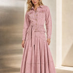 Long Sleeve Belted Button-Down Denim Maxi Shirt Dress