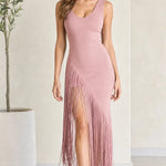 Women's Sleeveless Fringe Slit Maxi Dress