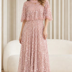 Elegant Sequin Embellished Mesh Overlay Maxi Dress