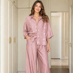Polka Dot Button-Down Shirt and Wide-Leg Pants Two-Piece Set