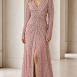 Elegant Beaded Long Sleeve V-Neck Evening Gown with Front Slit