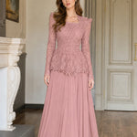 Long Sleeve Lace Peplum Evening Gown with Pleated Maxi Skirt