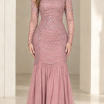 Square Neck Beaded Long Sleeve Mermaid Evening Gown
