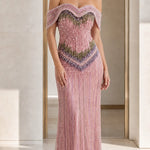 Off-Shoulder Beaded Fringe Long Evening Gown