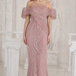 Sequined Off-Shoulder Illusion Mermaid Evening Gown
