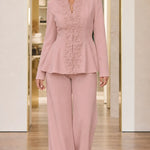 Floral Appliqué Peplum Blazer and Wide-Leg Pantsuit Set