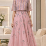 Floral Embroidered Beaded Flutter Sleeve Tulle A-Line Evening Gown