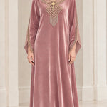 Women's Embroidered Velvet Kaftan Maxi Dress with Beaded Fringe V-Neck