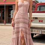 Boho Corset Bodice Tiered Maxi Dress with Lace Insets and Front Slit