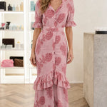 Paisley Print Belted Maxi Dress with Tiered Ruffle Hem and Flutter Sleeves