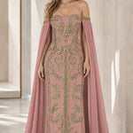 Off-the-Shoulder Embroidered Cape Evening Gown