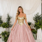 Off-The-Shoulder Mirrored Bodice Pleated Ball Gown with Shimmer Skirt