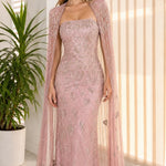 Strapless Beaded Column Evening Gown with Dramatic Sheer Cape