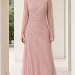 Long Sleeve Beaded Tulle Evening Maxi Gown