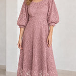 Floral Lace Puff Sleeve Scalloped Neck A-Line Midi Dress