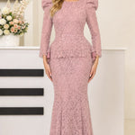 Women's Elegant Long Sleeve Lace Mermaid Formal Dress with Peplum Waist