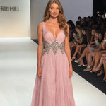Pleated V-Neck Embellished Floor-Length Evening Gown