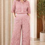 Women's Elegant Lace Button-Down Shirt and Wide-Leg Pants Set