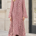 Elegant Tie-Neck Handkerchief Hem Maxi Dress with Long Sleeves