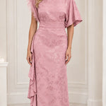 Embellished High-Neck Jacquard Maxi Dress with Flutter Sleeves and Cascade Ruffle