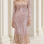 Metallic Sequin Chevron Long Sleeve Midi Evening Dress
