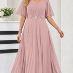 Elegant V-Neck Flutter Sleeve Chiffon Maxi Evening Dress with Embellished Waist
