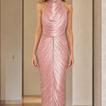 High Neck Pleated Shimmer Backless Maxi Evening Dress