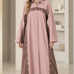 Colorblock Button Accent Maxi Shirt Dress Modest Long Sleeve Kaftan
