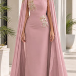 Elegant Evening Dress with Attached Cape & Gold Embroidery
