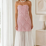 Strapless Embroidered Lace Drop Waist Maxi Dress
