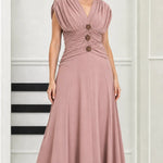 Elegant Ruched Waist V-Neck Midi Dress with Embellished Accents