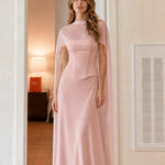 Elegant Mock Neck Corset Cape Evening Maxi Dress