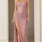 Strapless Beaded Corset Evening Gown with Lace-Trim High Slit