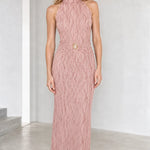High Neck Sleeveless Glitter Textured Maxi Dress with Waist Ornament