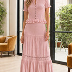 Women's Ribbed Short Sleeve Button Top and Tiered Maxi Skirt Set