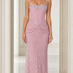 Rhinestone Embellished Ruched Waist Evening Gown with Crystal Neckline