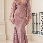Floral Lace Cape Sleeve Mermaid Evening Gown with Corset Bodice