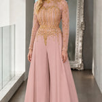 Elegant Sequin Embroidered Wide-Leg Evening Jumpsuit with Sheer Long Sleeves