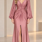 Deep V-Neck Pleated Long Sleeve Twist Front Evening Gown with Slit