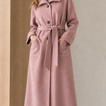 Women's Ribbed Knit Collar Longline Wool Blend Trench Coat with Belt