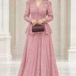Elegant Lace Peplum Long Sleeve Formal Evening Gown