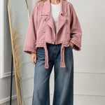 Women's Cropped Frayed Hem Denim Moto Jacket with Lapel Collar