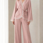 Lace Trim Wrap Blazer and Wide-Leg Pants Two-Piece Suit Set