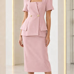 Square Neck Peplum Top and Midi Pencil Skirt Two-Piece Set