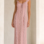 Women's Ruffled Lace Trim Maxi Dress with Lace-Up Back