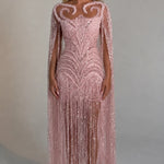 Luminous Beaded Fringe Cape Evening Gown